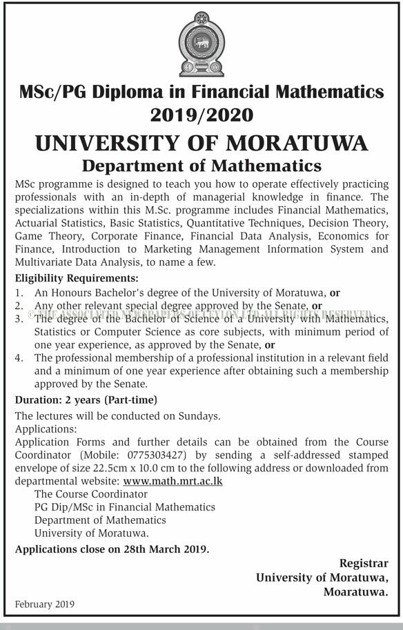 MSc / PG Diploma in Financial Mathematics 2019/2020 - Department of Mathematics - University of Moratuwa